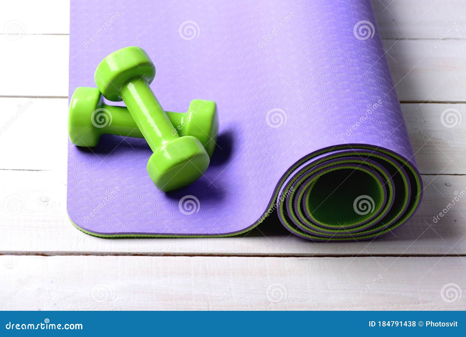 Sports and Healthy Lifestyle Concept. Barbells on Purple Yoga Mat Stock ...