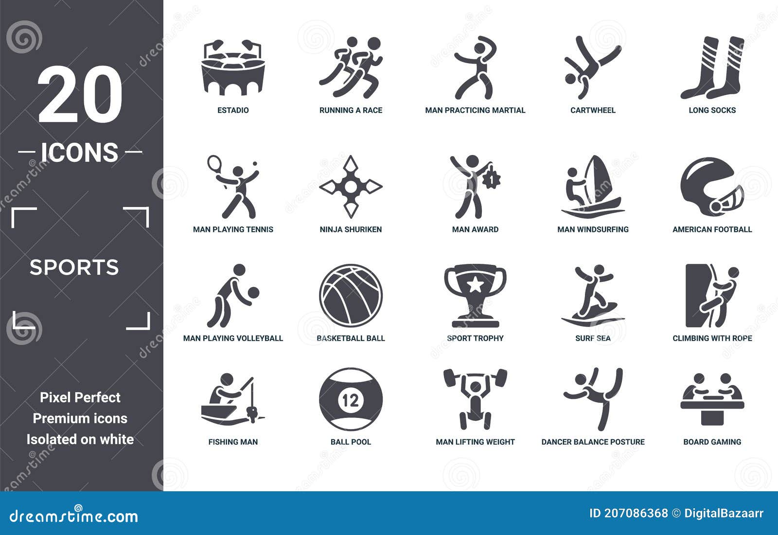 sports icon set. include creative s as estadio, long socks, man windsurfing, sport trophy, ball pool, man playing