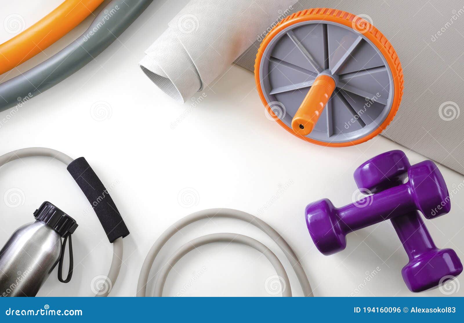 sports kit: dumbbells, ex-pander, yoga mat, roller for press, water bottle, hoop.