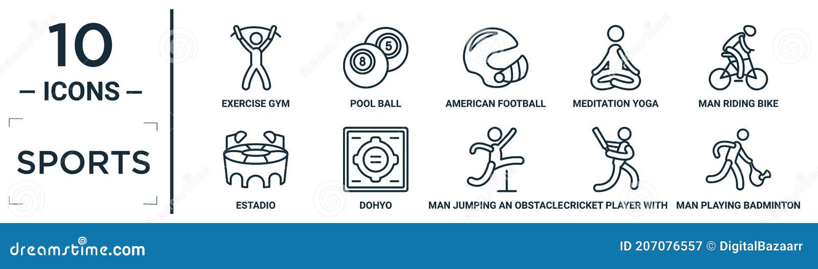 sports linear icon set. includes thin line exercise gym, american football player helmet, man riding bike, dohyo, cricket player