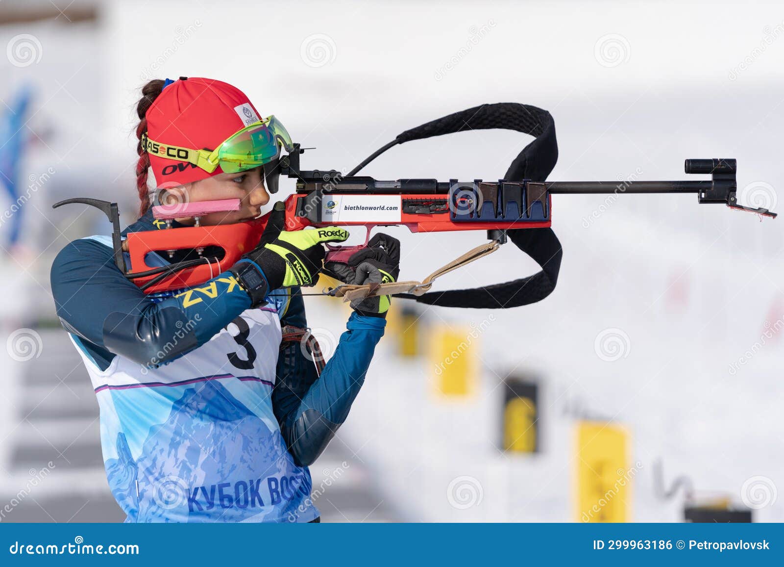 Sportswoman Biathlete Aiming Rifle Shooting Standing Position Biathlete Polina Yegorova