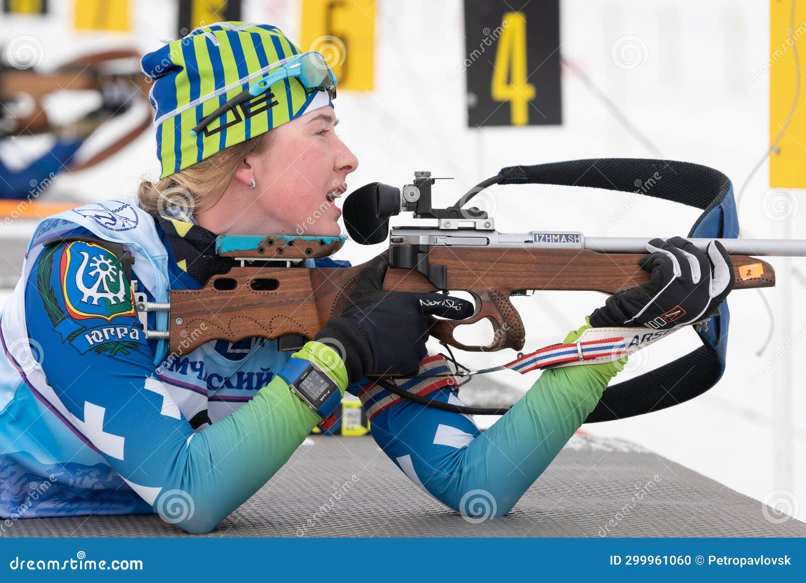 Sportswoman Biathlete Legostaeva Anastasia Rifle Shooting In Prone Position Biathlete In