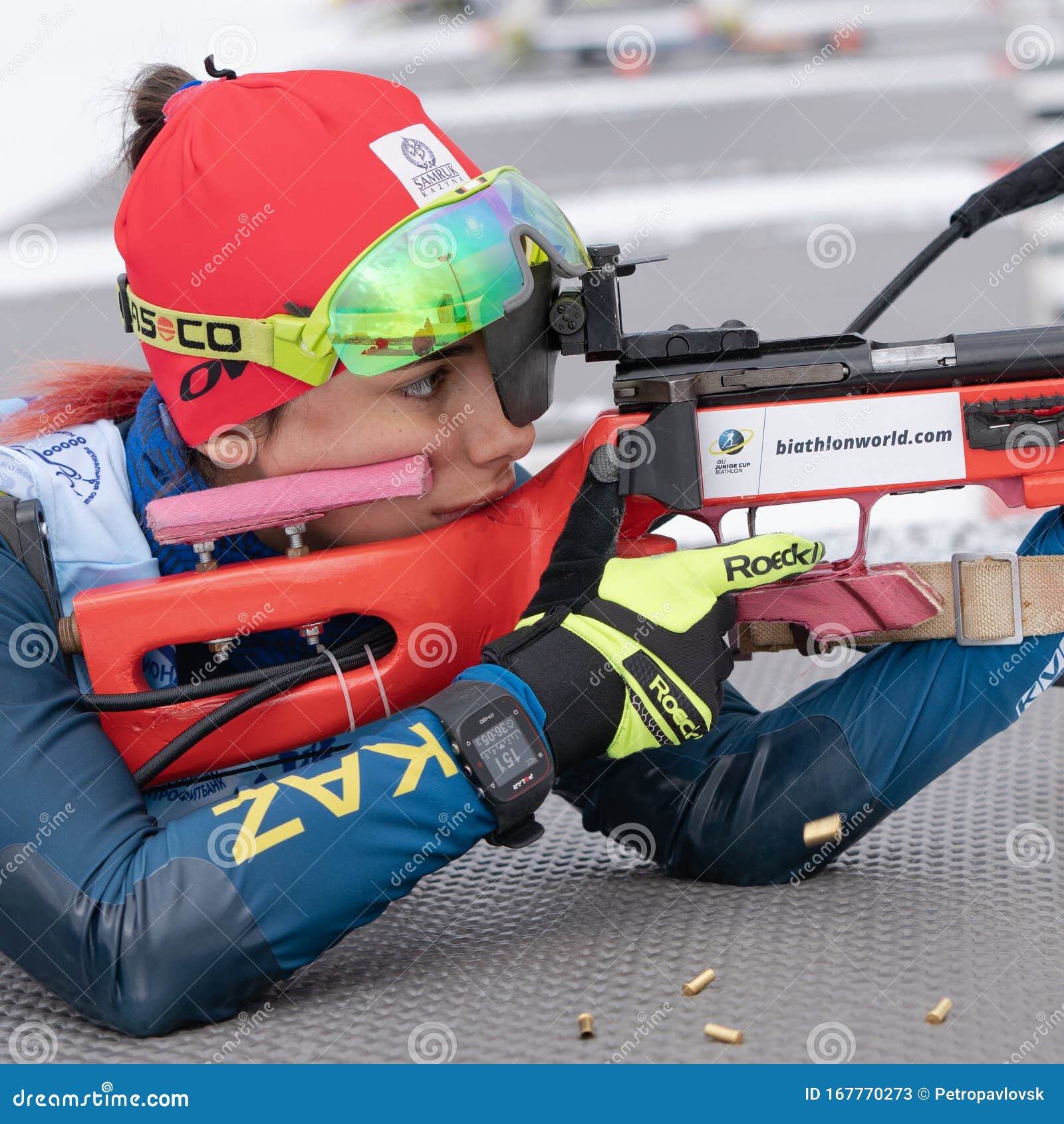 Sportswoman Biathlete Polina Yegorova Kazakhstan Rifle Shooting In Prone Position Biathlete In