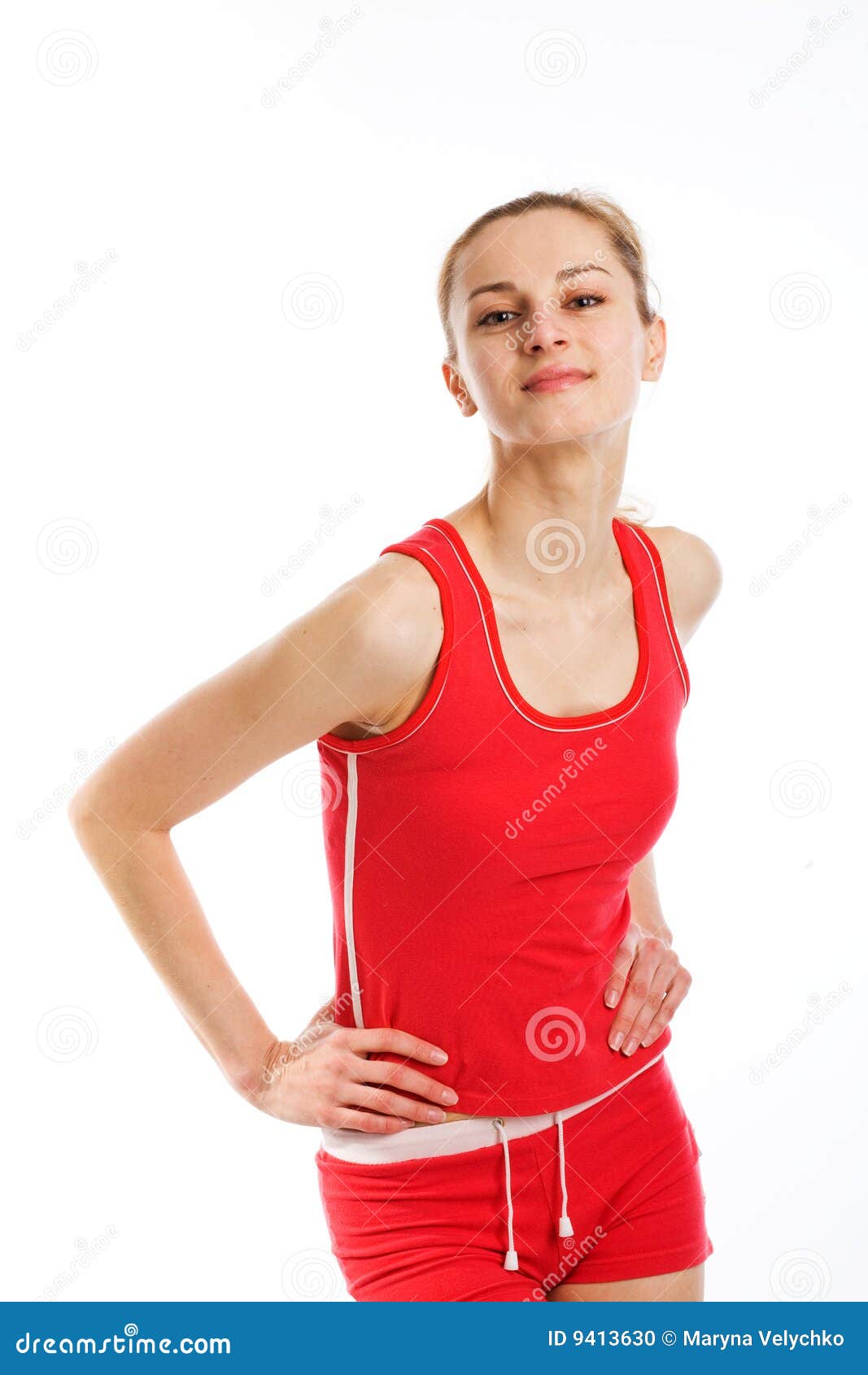 A Sporty Blonde In Red Leotard Stock Photo - Image of sport, pose: 9413630