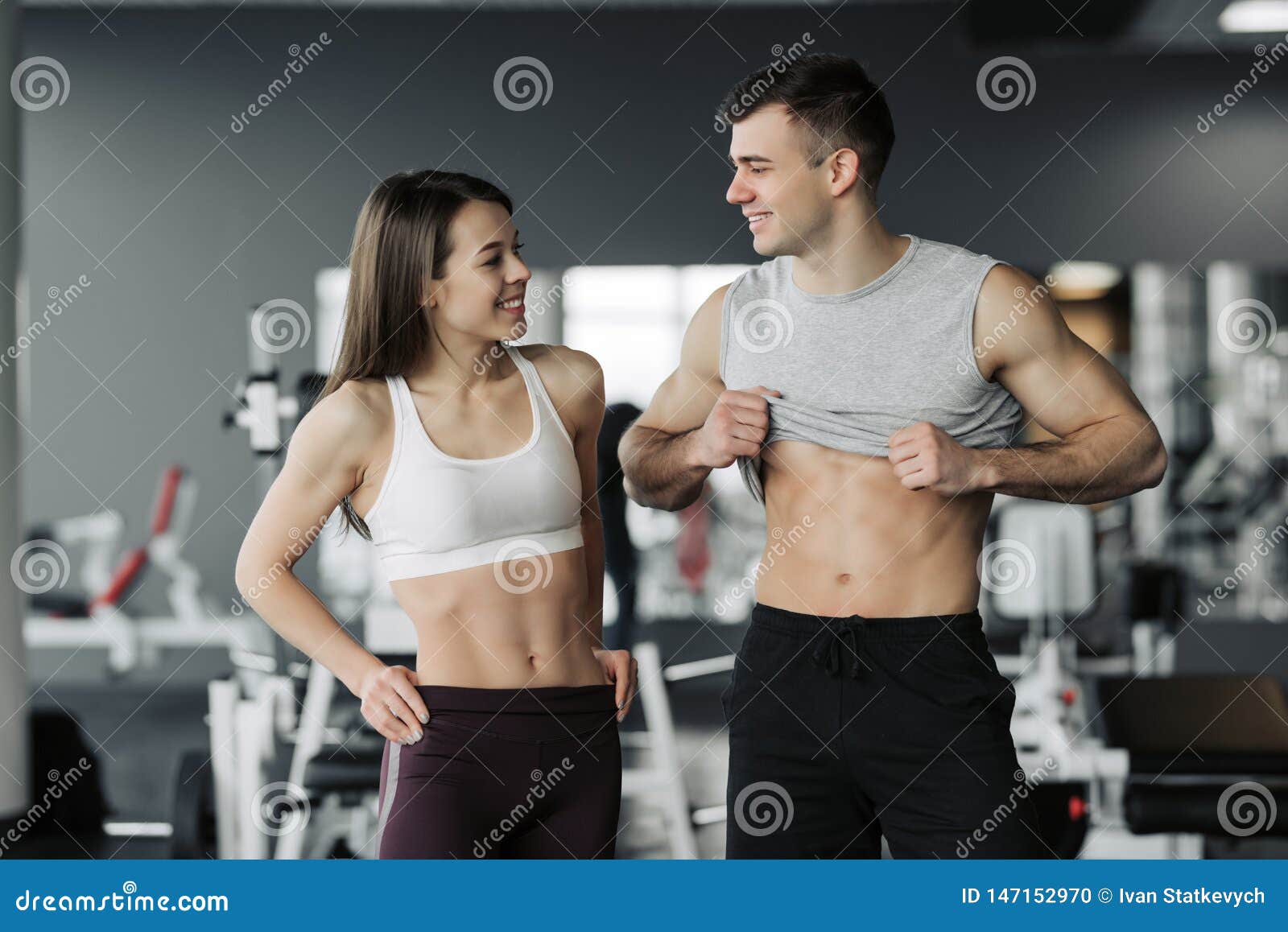 Sporty Fitness Couple Showing In Gym Beautiful Athletic Man And Woman Muscular Torso Abs Stock 