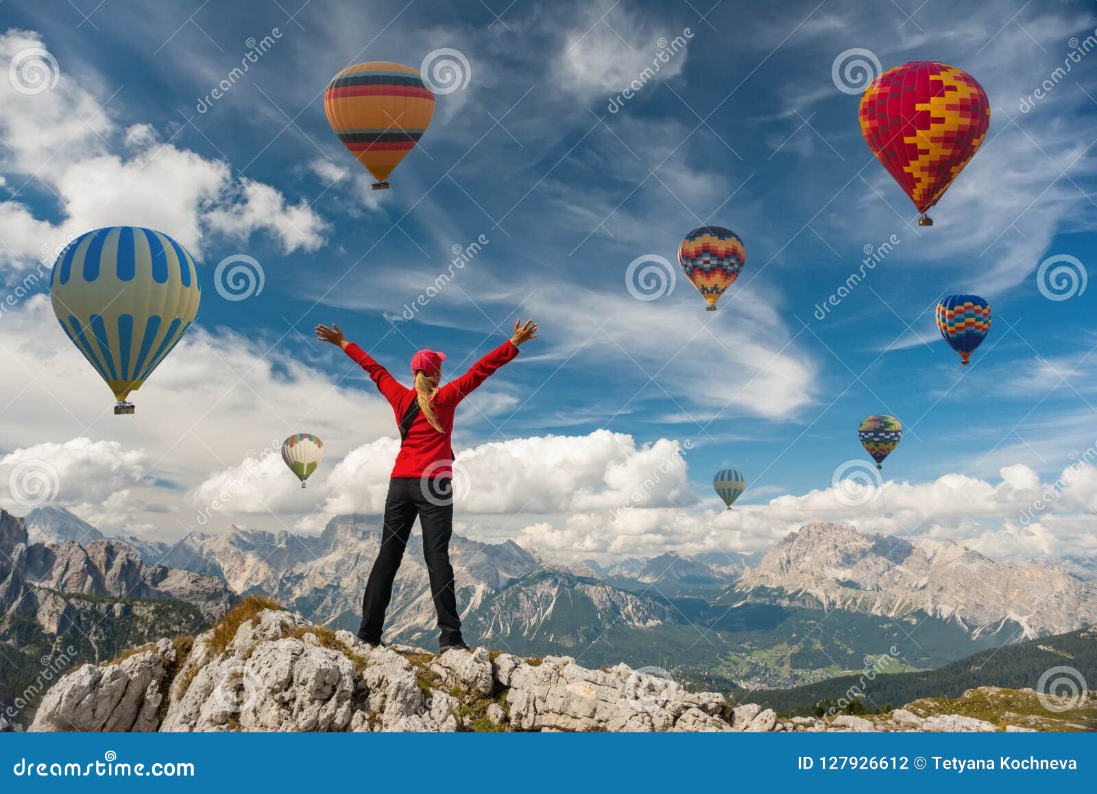 sporty girl and hot air balloons. freedom, achievement, achievement, happiness