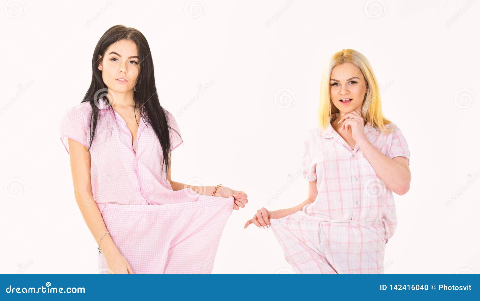 Sporty Women Showing Big Pants of Pajama. Sisters Lost Weight Together  Stock Photo - Image of showing, size: 142416040