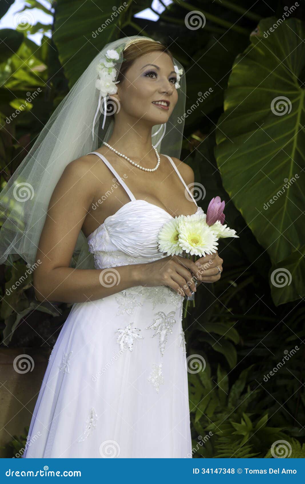 Sposa sul suo giorno delle nozze in un giardino tropicale