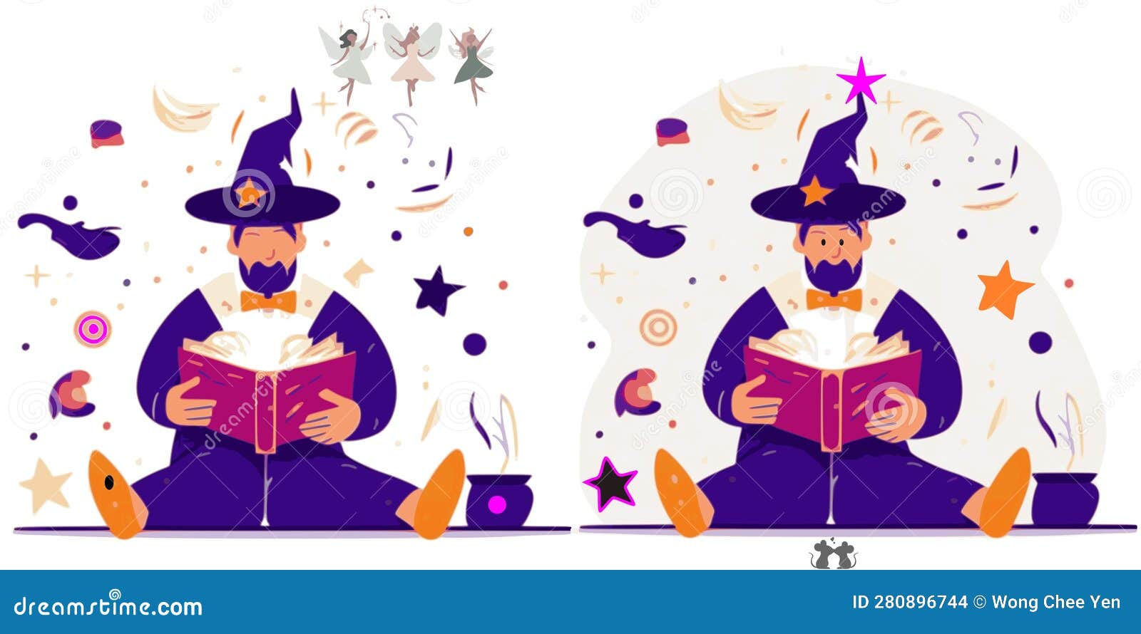 Spot the Difference Wizard Reading Magic Spells Fairies Illustration