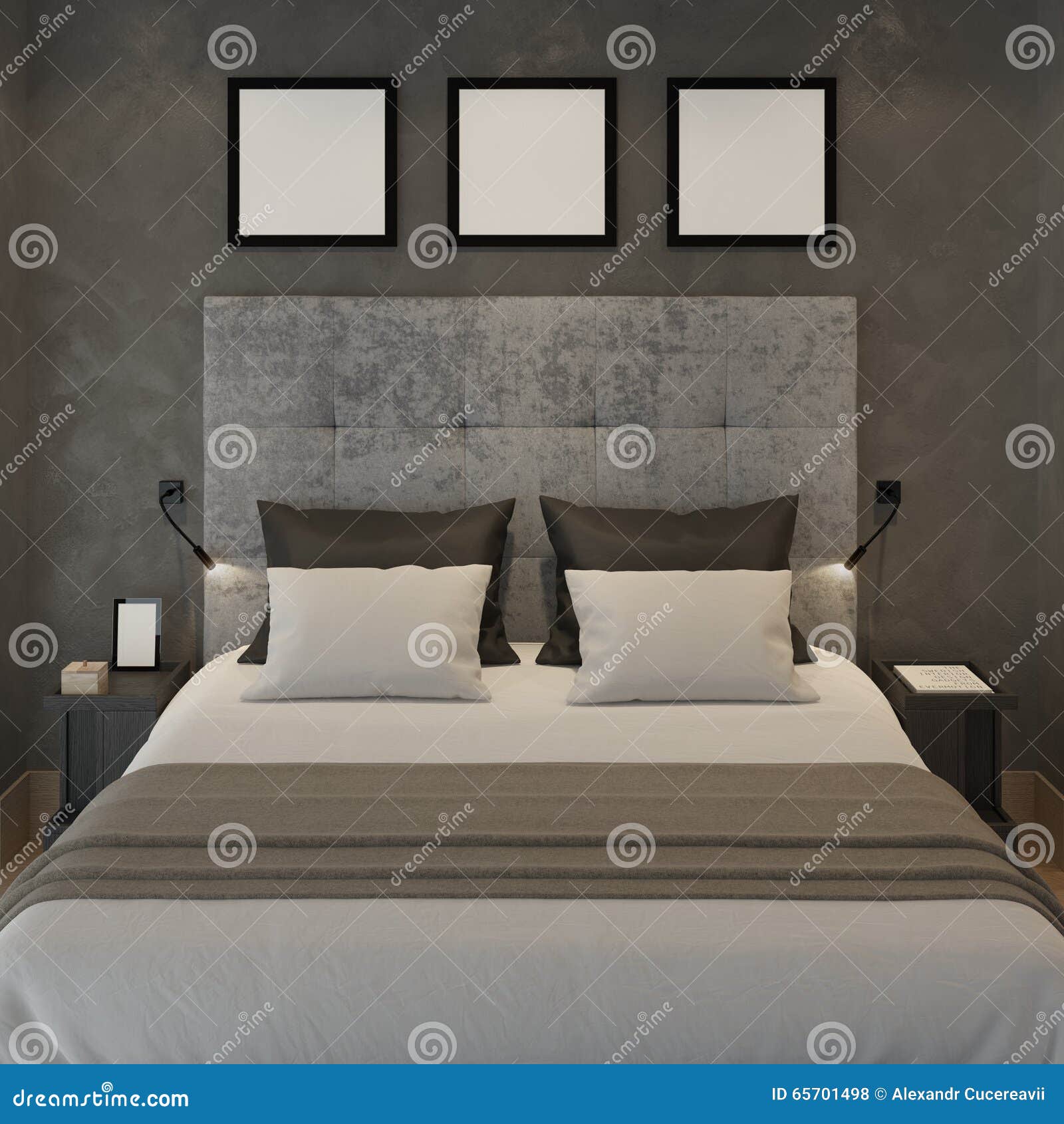 Spot op affichekaders bij de grijze muur van slaapkamer stock ...