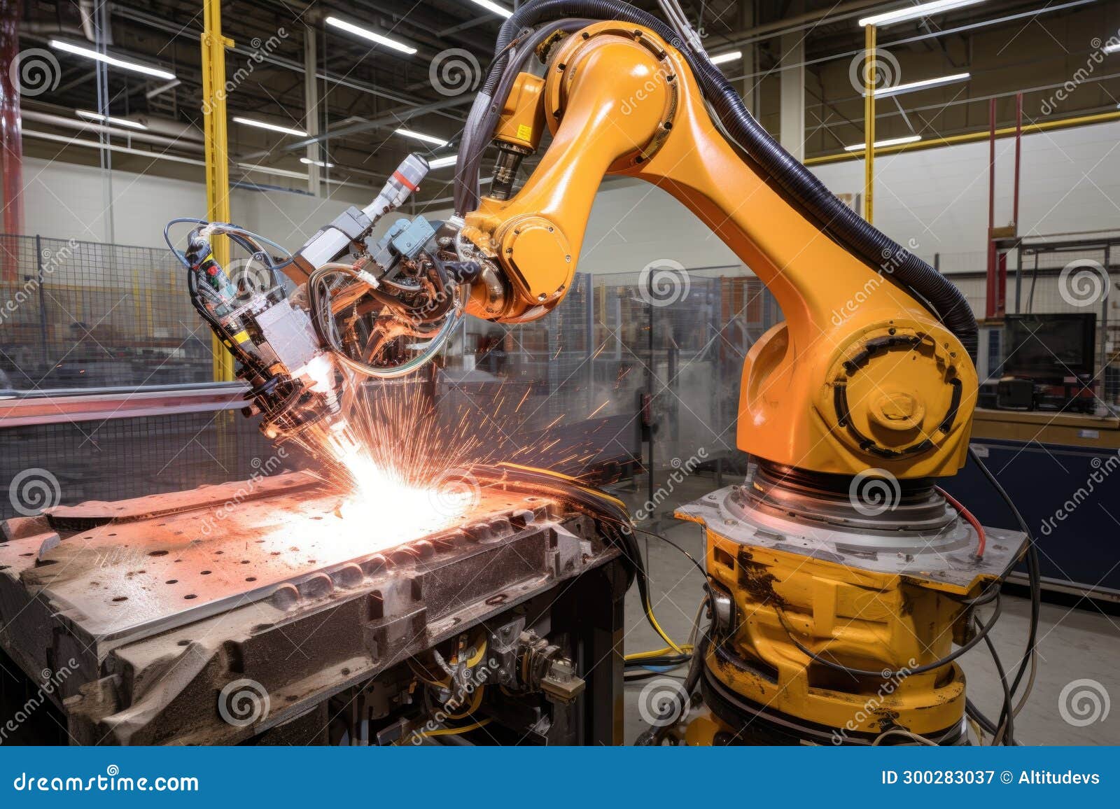 Spot Welding Robot Arm Extended, Mid-weld with Bright Flash Stock Image