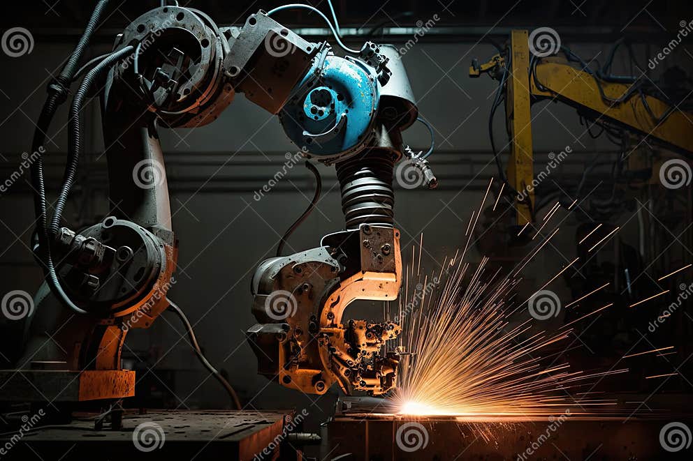 Spot Welding Robot with Arm Extended, Performing Precise Weld on