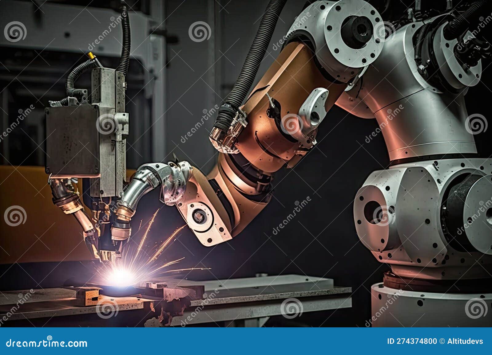 Spot Welding Robot, with Its Arm and Spot Welding Torch in Motion