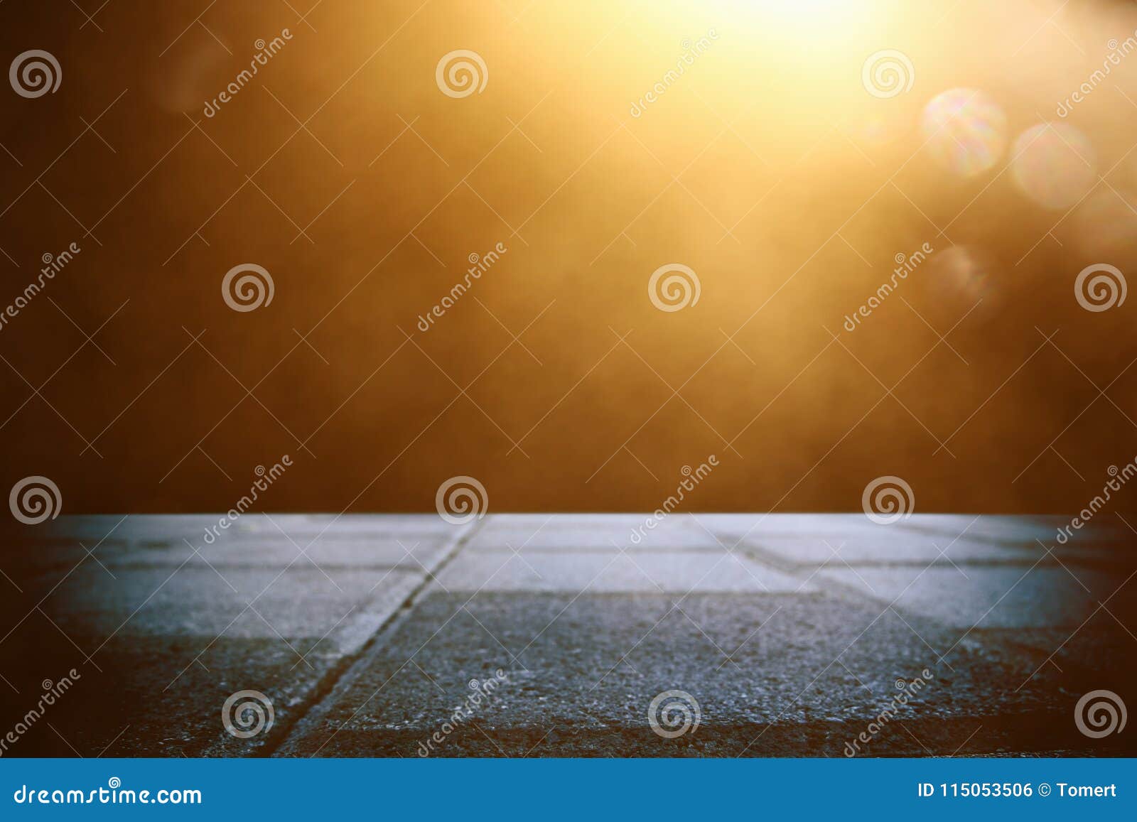 Spotlight on Concrete Floor. Dark Black and Glowing Lights. Stock Photo ...