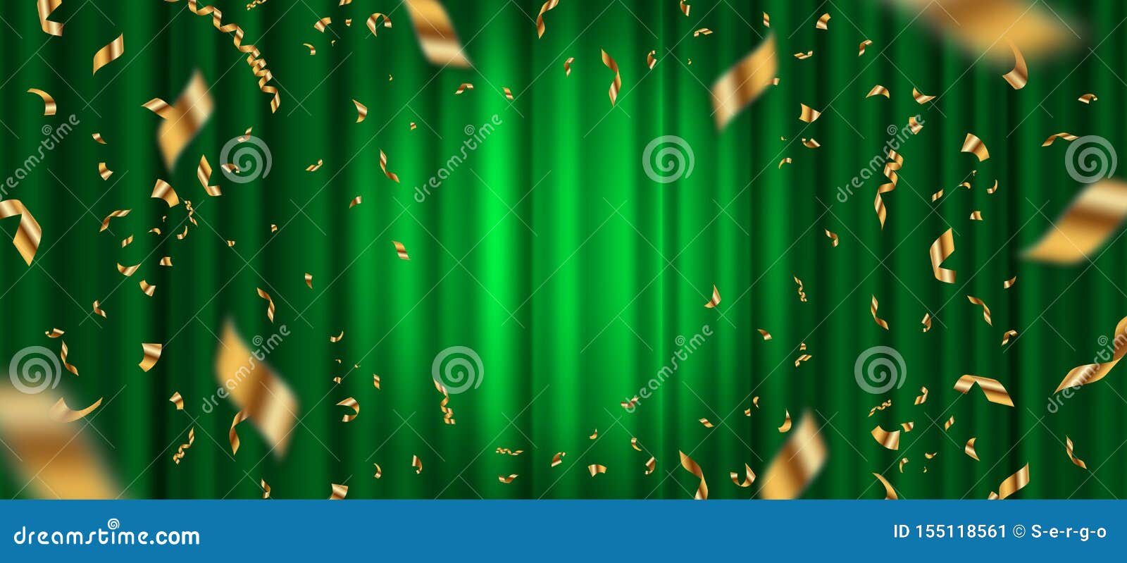 Spotlight on Green Curtain Background and Falling Golden Confetti