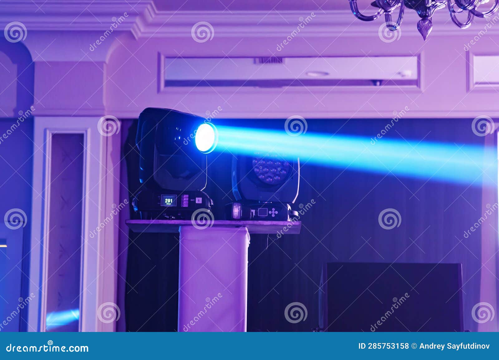 Spotlights of Light Music for Lighting Effect and Synchronization with Music. Stock Photo