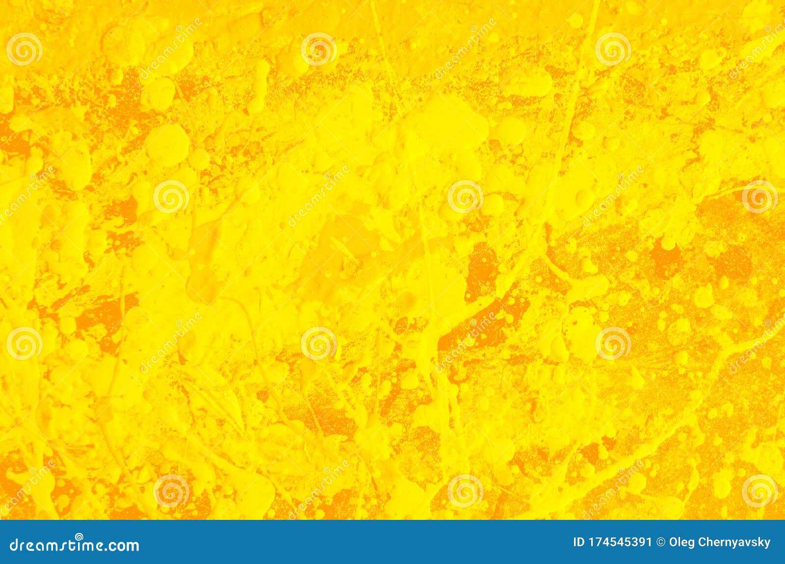 Spots and Splashes of Yellow Paint on a Orange Background. Abstract