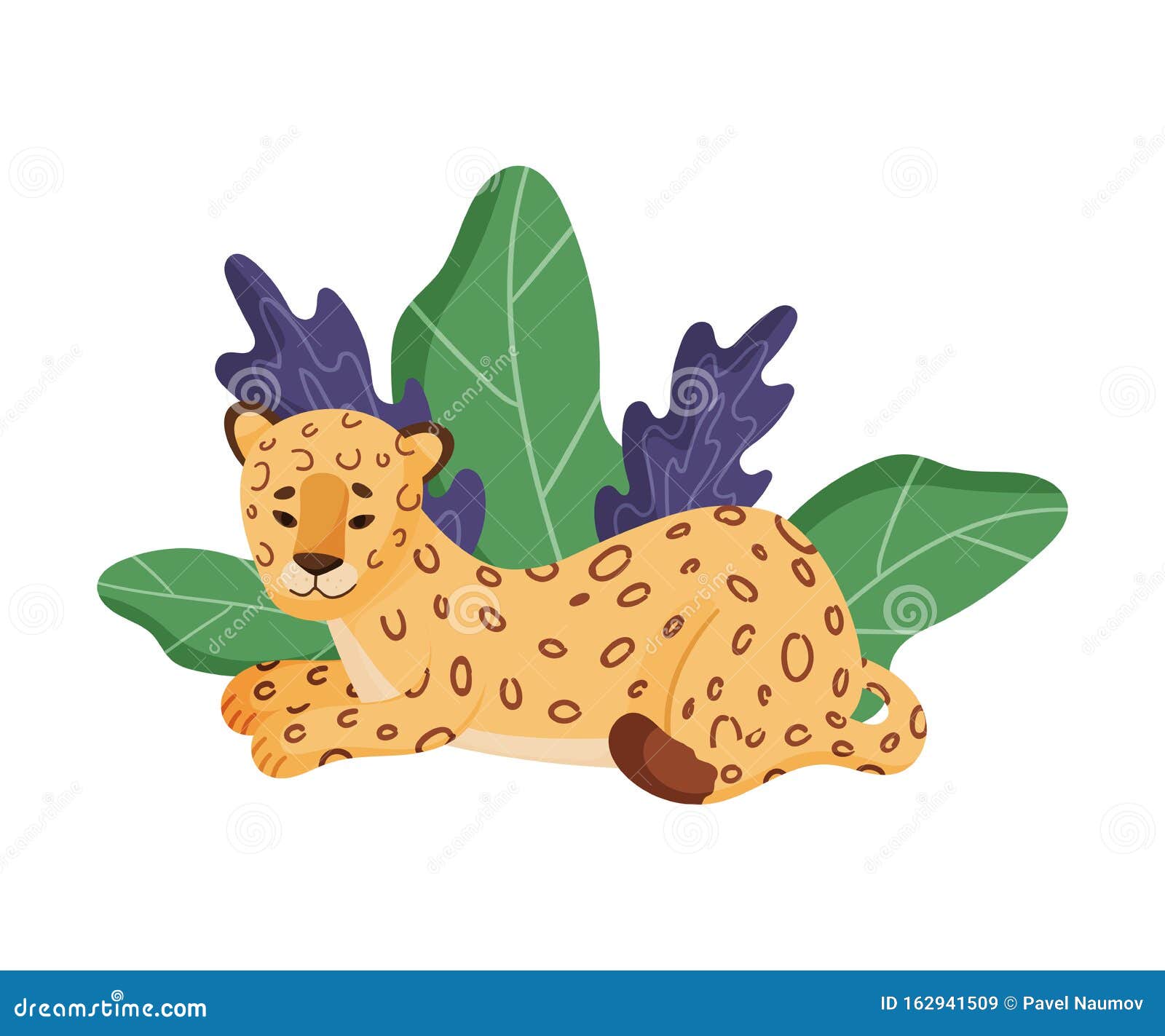 Spotted Leopard Sitting Resting Near Tropical Leaves Vector ...