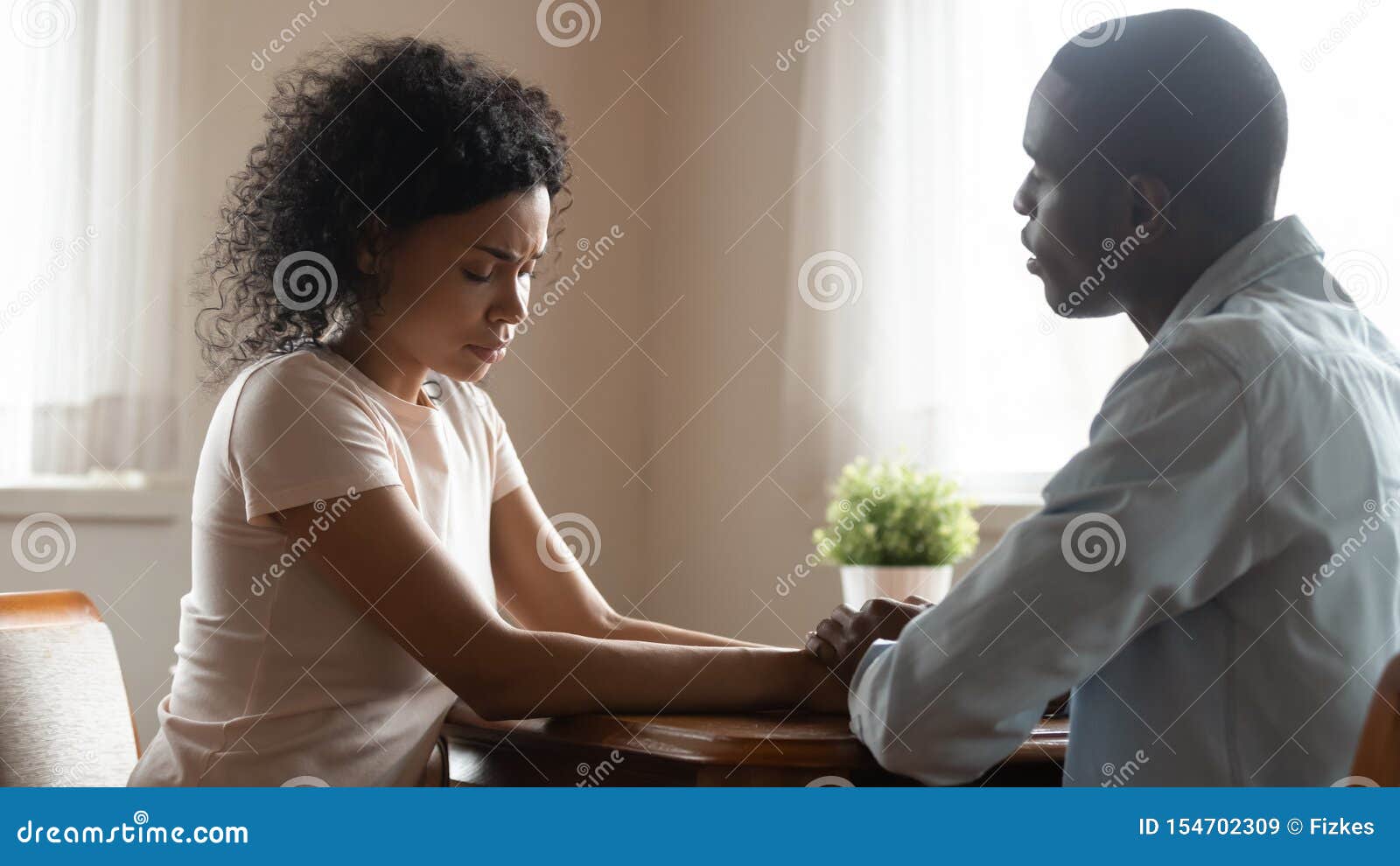 Spouses Sit Together Holding Hands Loving Husband Soothing Sad Wife Stock Image Image Of