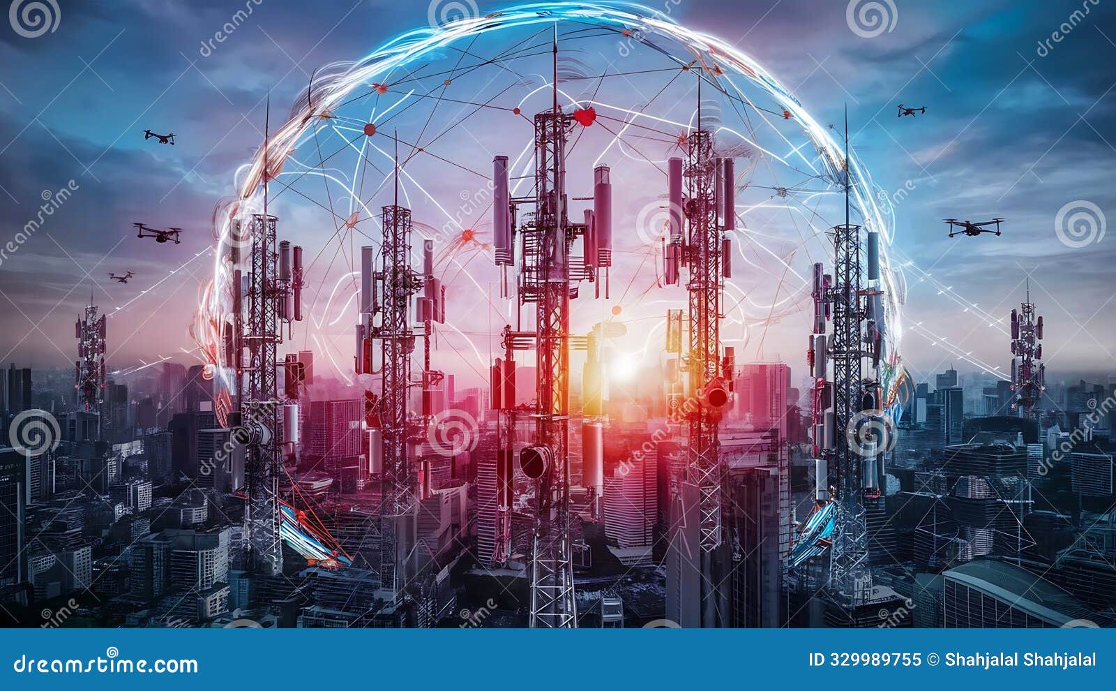 city skyline illuminated by 5g networks: a vision of iot and fintech connectivity.