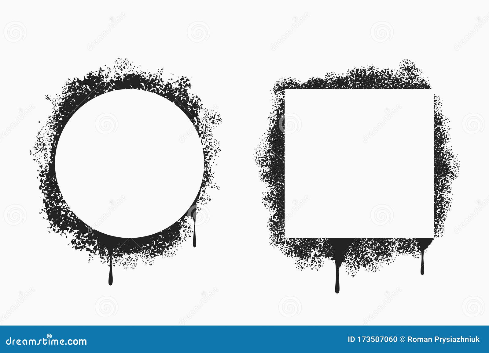 spray painted frames in square and circle form. stencil border set with grunge paint splatter. graffiti and street art sprayed