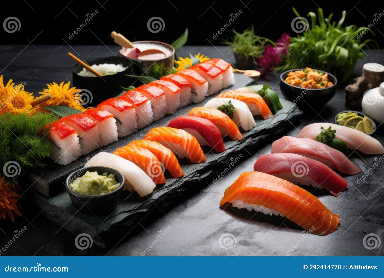 A Spread of Sushi, Sashimi and Maki on a Stone Plate Stock Photo ...