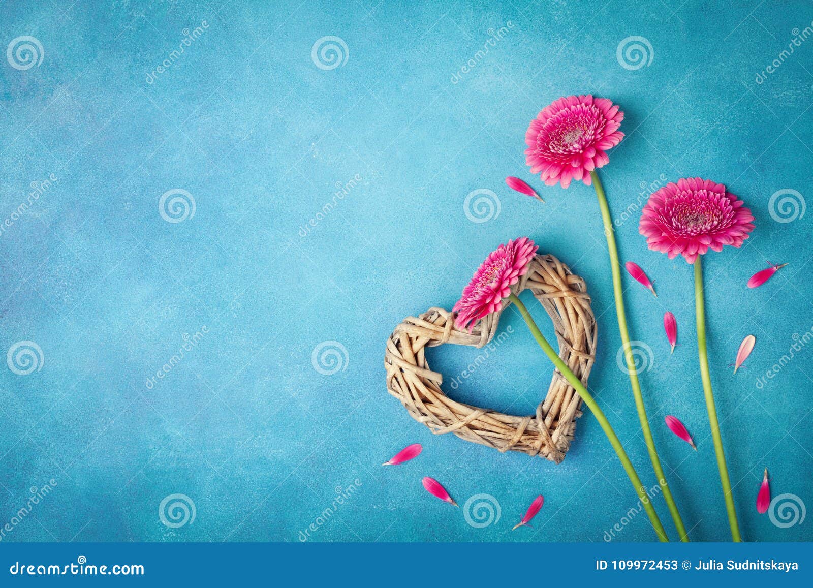 spring background with pink flowers, heart and petals. greeting card for woman day. flat lay style. top view.