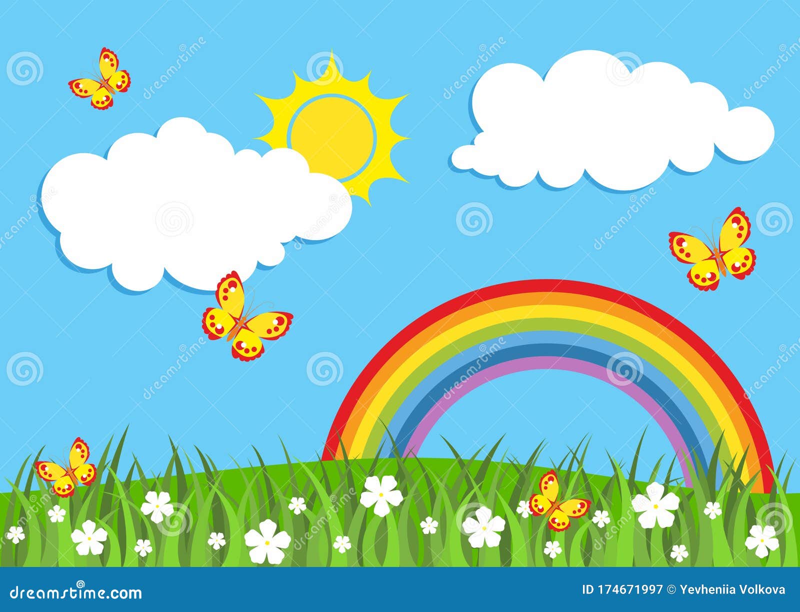 Spring Background with Rainbow. Rainbow with Clouds, Sun, Grass,  Butterflies and Flowers with Blue Sky Stock Vector - Illustration of comic,  artistic: 174671997