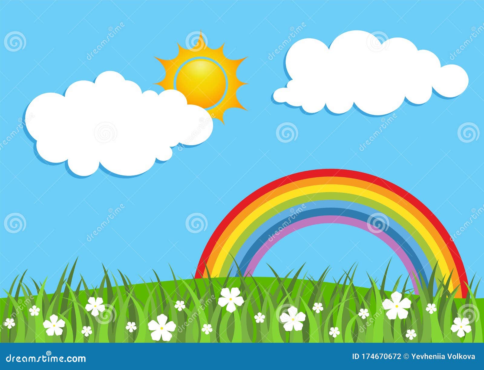 Spring Background with Rainbow. Rainbow with Clouds, Sun, Grass and Flowers  with Blue Sky Stock Vector - Illustration of cartoon, drawing: 174670672