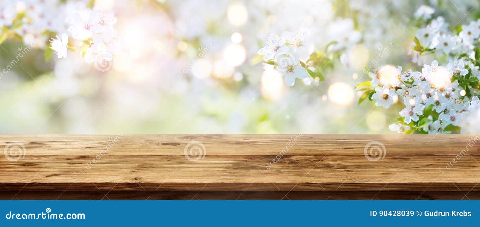 spring background with wooden table