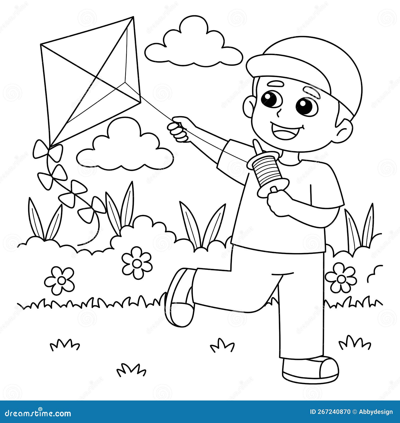 Coloring Page Outline Of Cartoon Boy Running With A Kite With Dog Coloring  Book For Kids Stock Illustration - Download Image Now - iStock