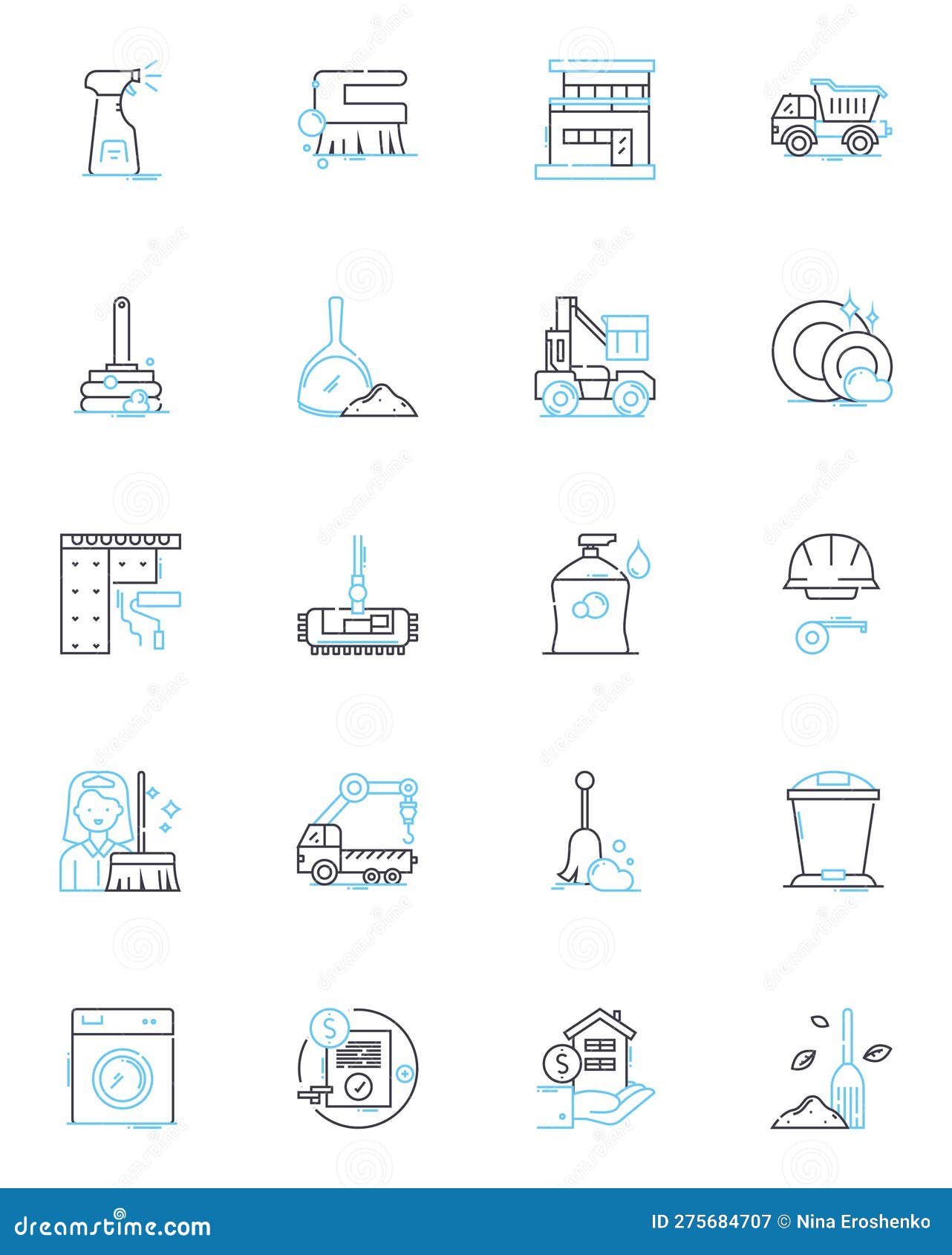 spring cleaning linear icons set. decluttering, organizing, refreshing, cleansing, sorting, purging, tidying line 
