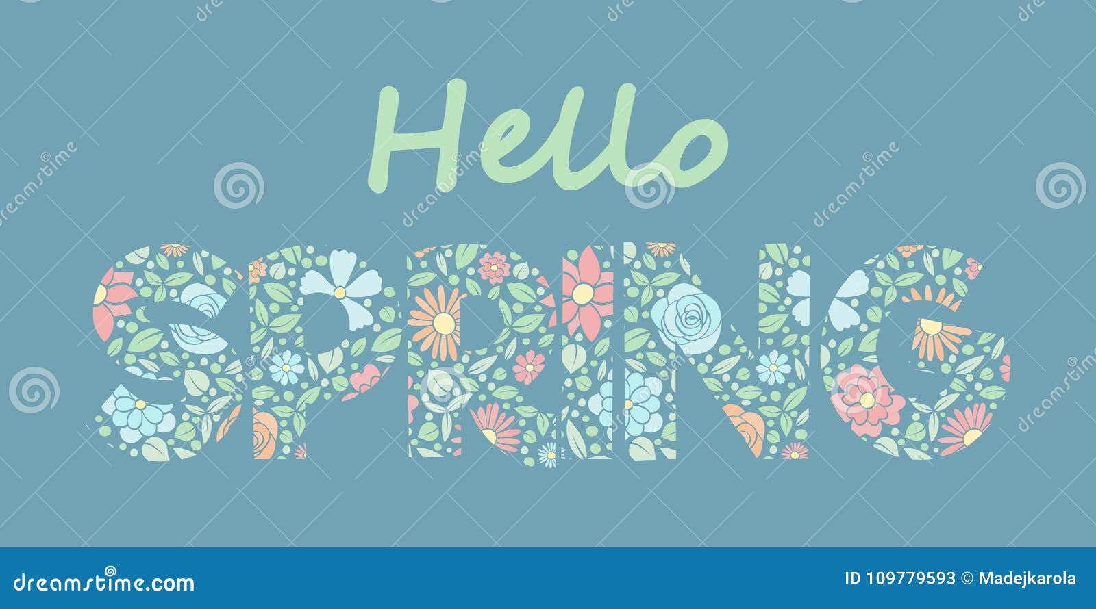 Spring is Coming Colourful Text with Cute Hand Drawn Flowers. Stock Vector Illustration of