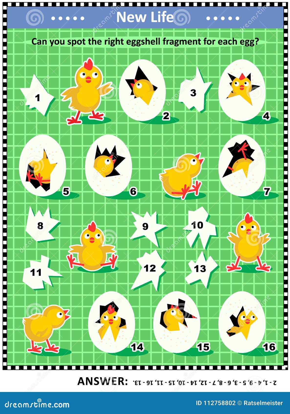 spring or easter visual logic puzzle with newborn chicks, eggs and eggshell fragments