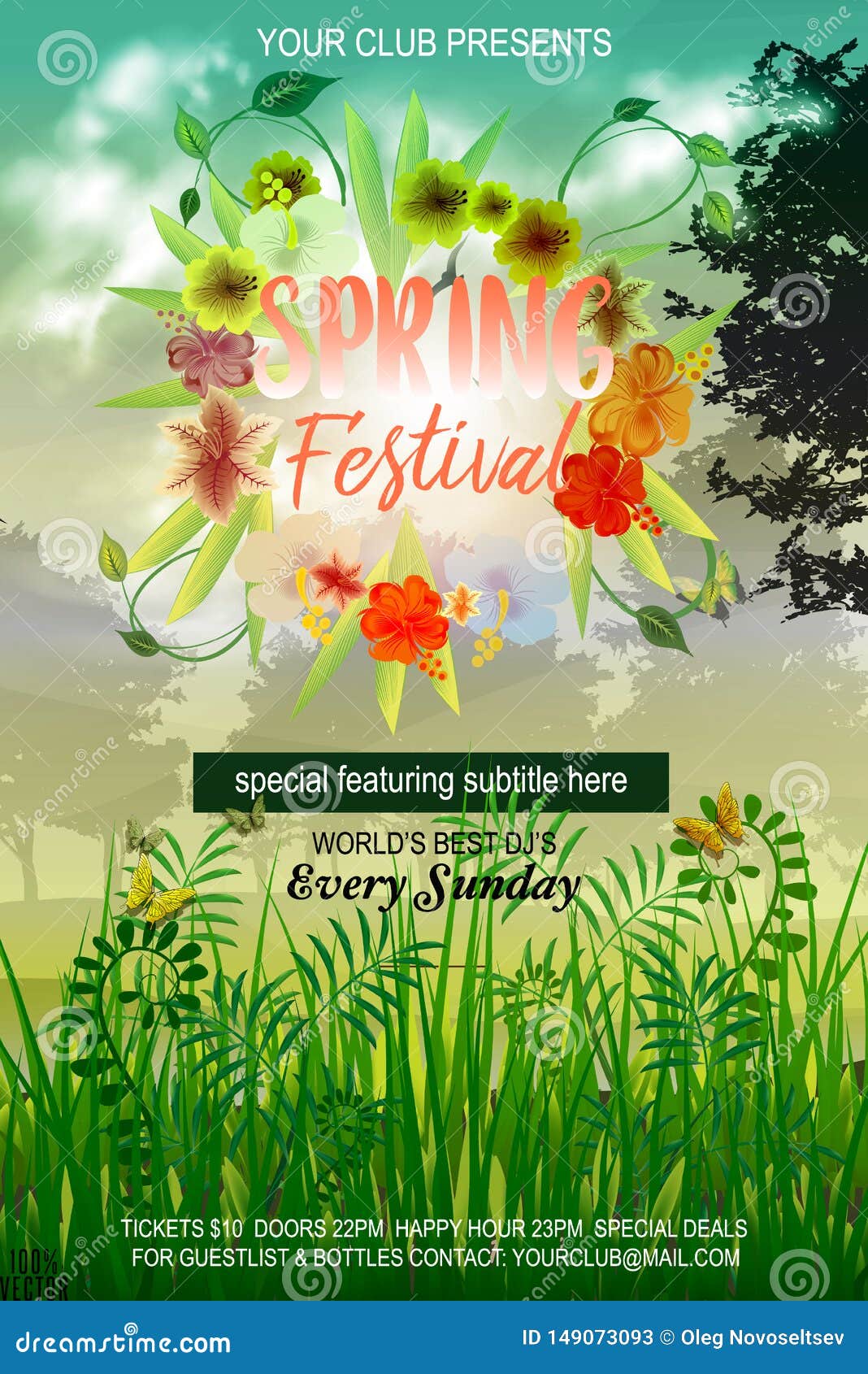 Vector Design of the Flyer with Leaves and Sun. Vector Spring Day With Spring Event Flyer Template