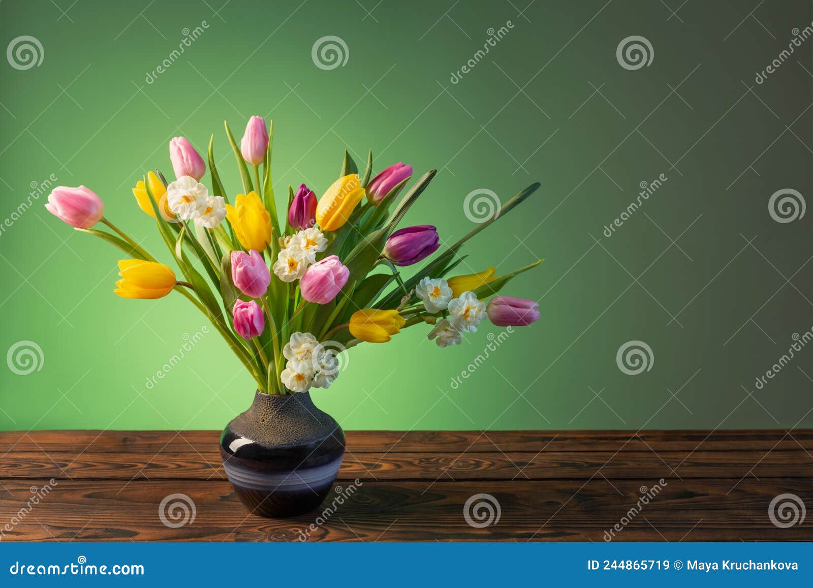 Flowers in Blue Ceramic Vase on Wooden Table Stock Image Image of