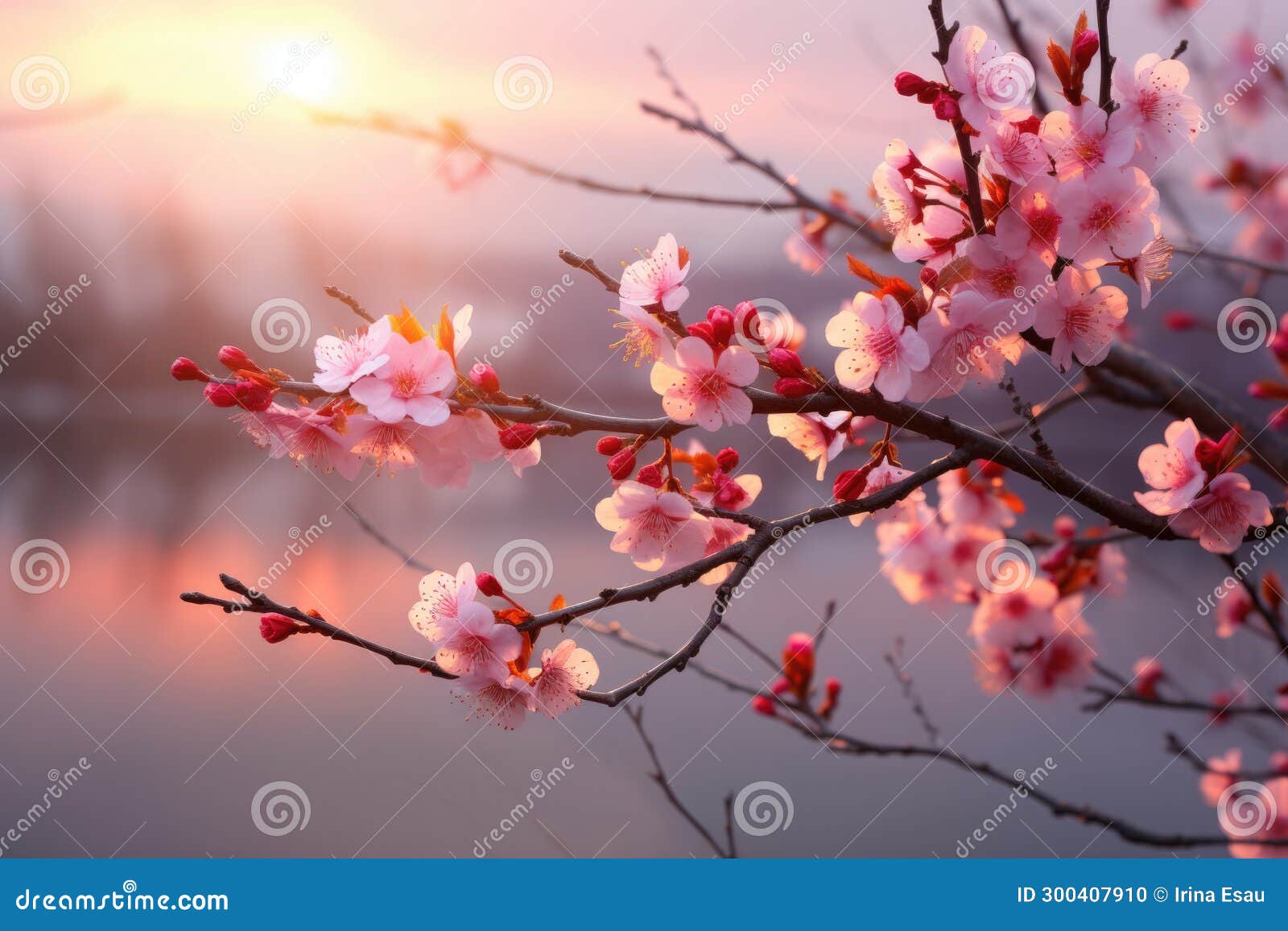 Spring Flowers on Branches with Sunset Over Mountain Lake Stock Photo ...