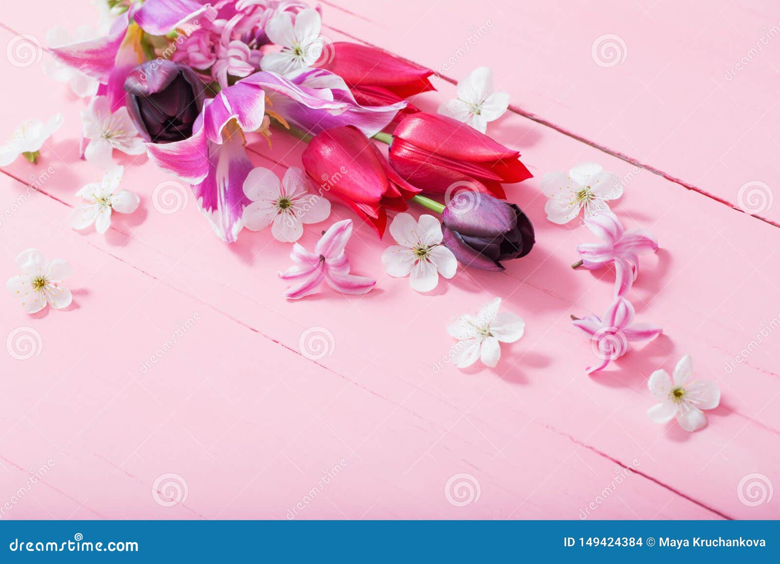 Spring Flowers on Pink Wooden Background Stock Photo Image of decoration, cherry 149424384