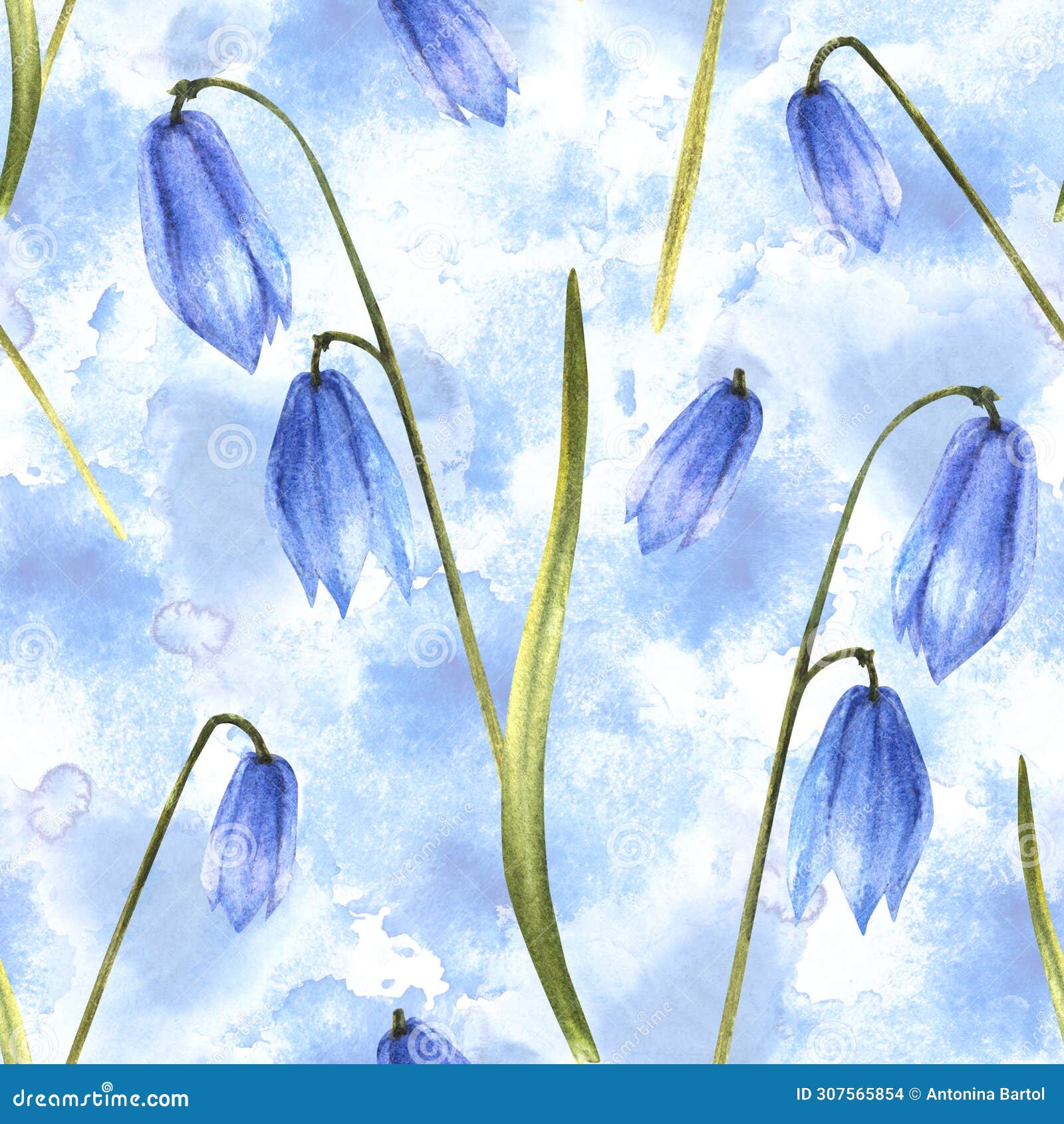 spring flowers scylla snowdrops seamless pattern on blue watercolor splashes background 