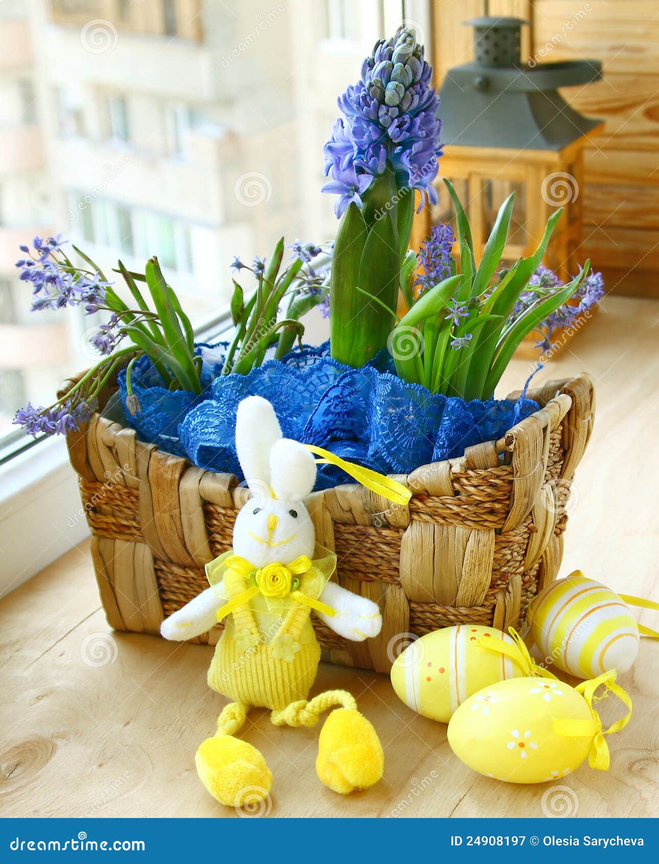 Spring Flowers in a Small Basket and Easter Rabbit Stock Image Image