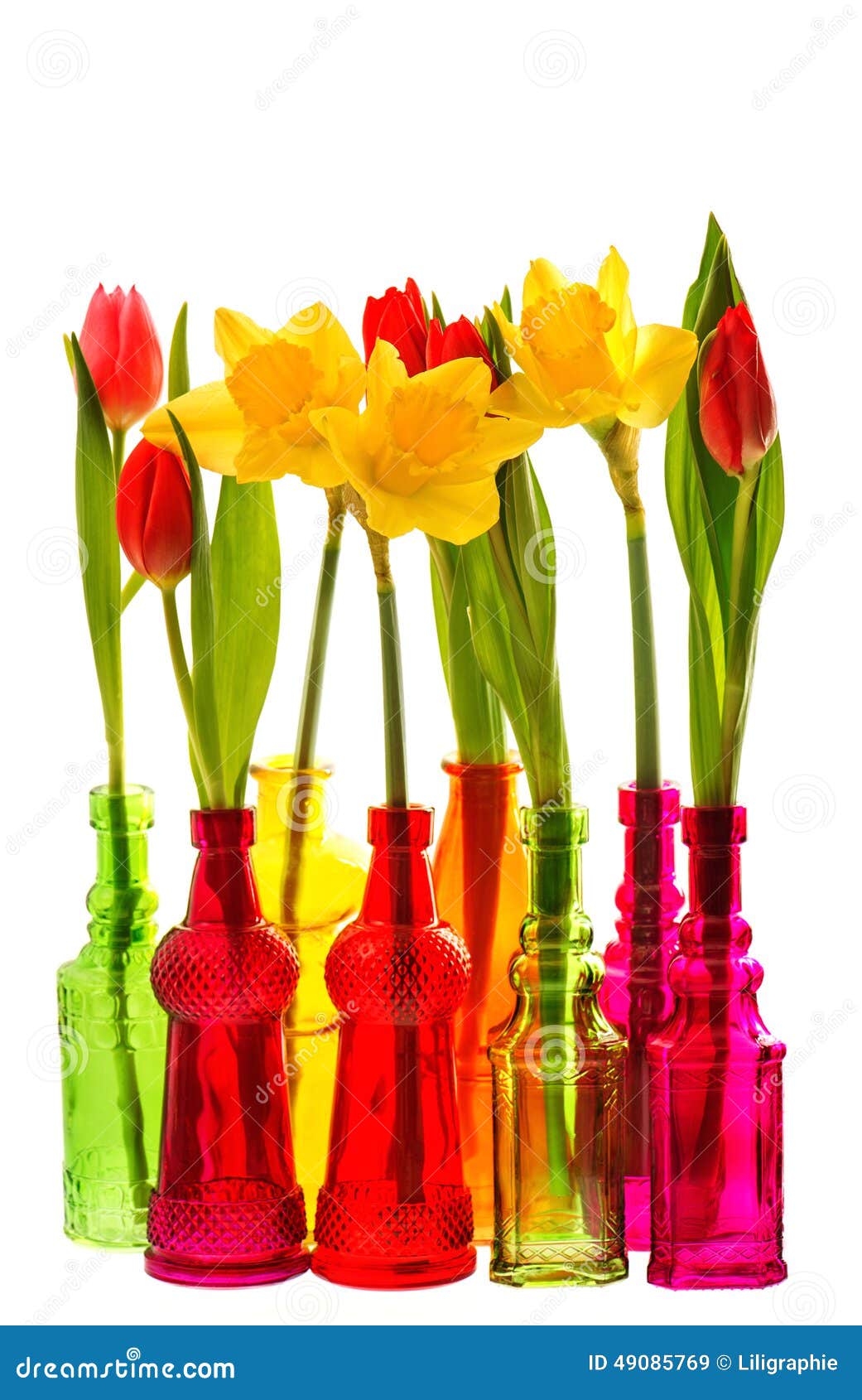 Spring Flowers Tulip And Narcissus In Colorful Glass Vases Stock Image ...