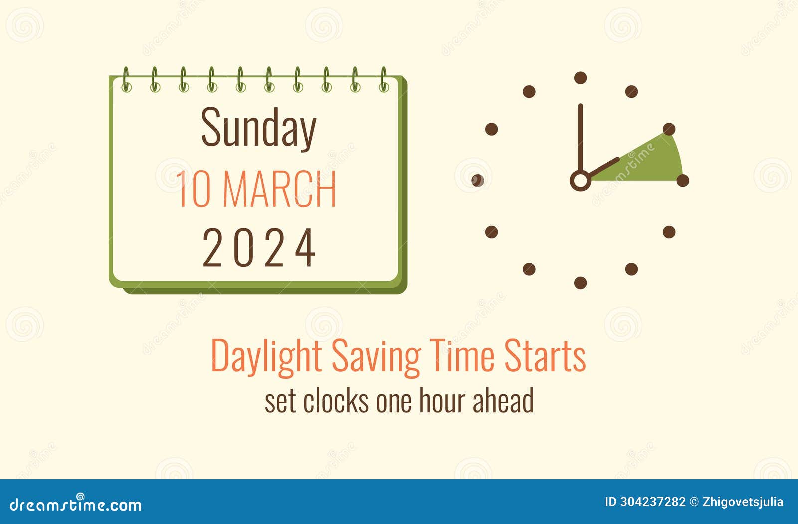 Spring Forward 2024 10 March Minimalist Banner with Calendar and Alarm