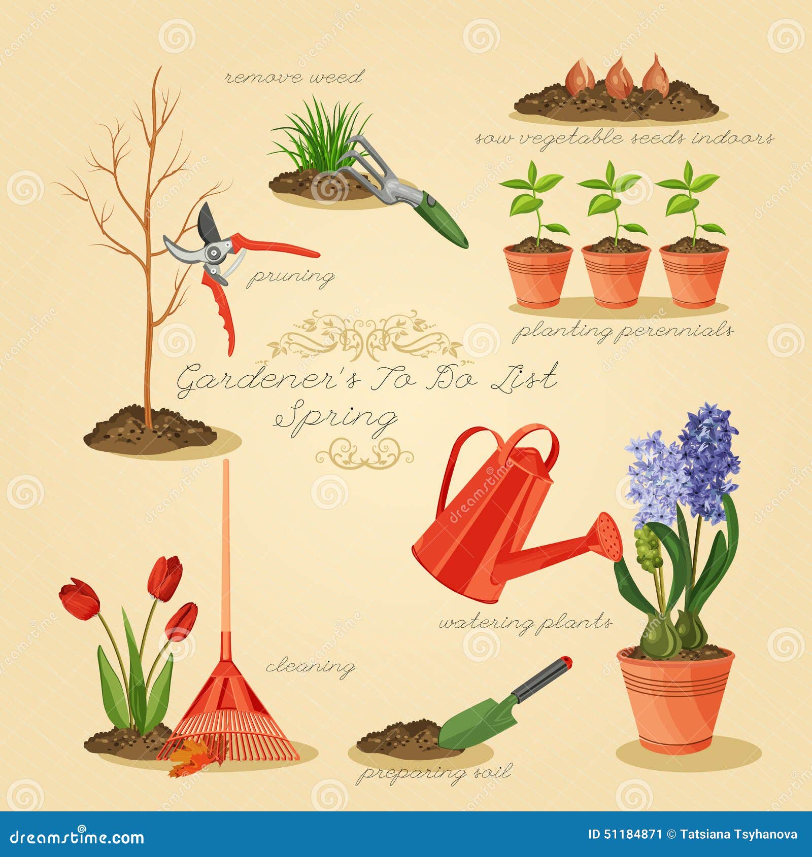 Spring Gardening To Do List Card Gardener Set Stock Vector