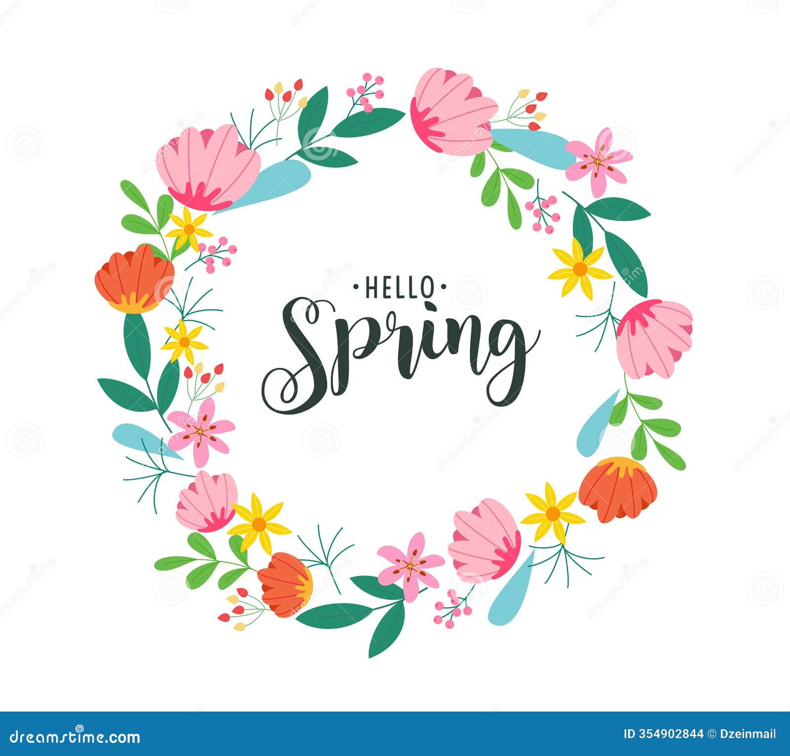 spring hello greeting card clipart . hello spring text with colorful watercolor drawing flowers and leaves