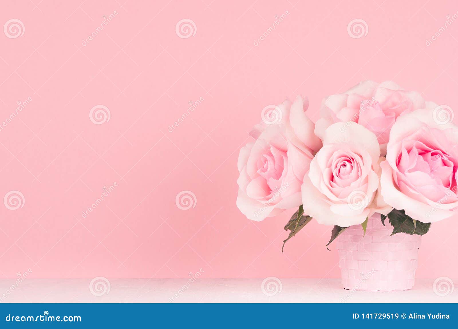Spring Home Decor Lush Roses Bouquet in White and Soft Light Pink Interior, Copy Space. Stock