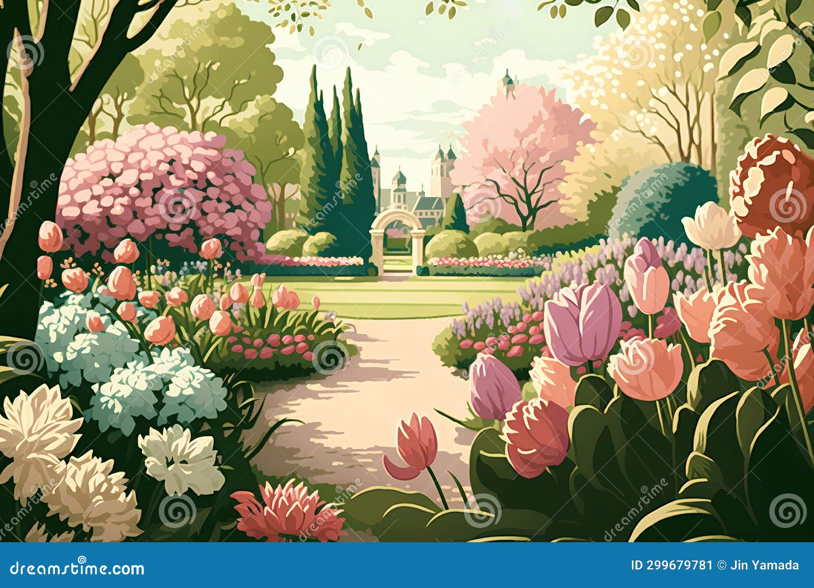 Spring Landscape with Blooming Garden. Vector Illustration in Cartoon