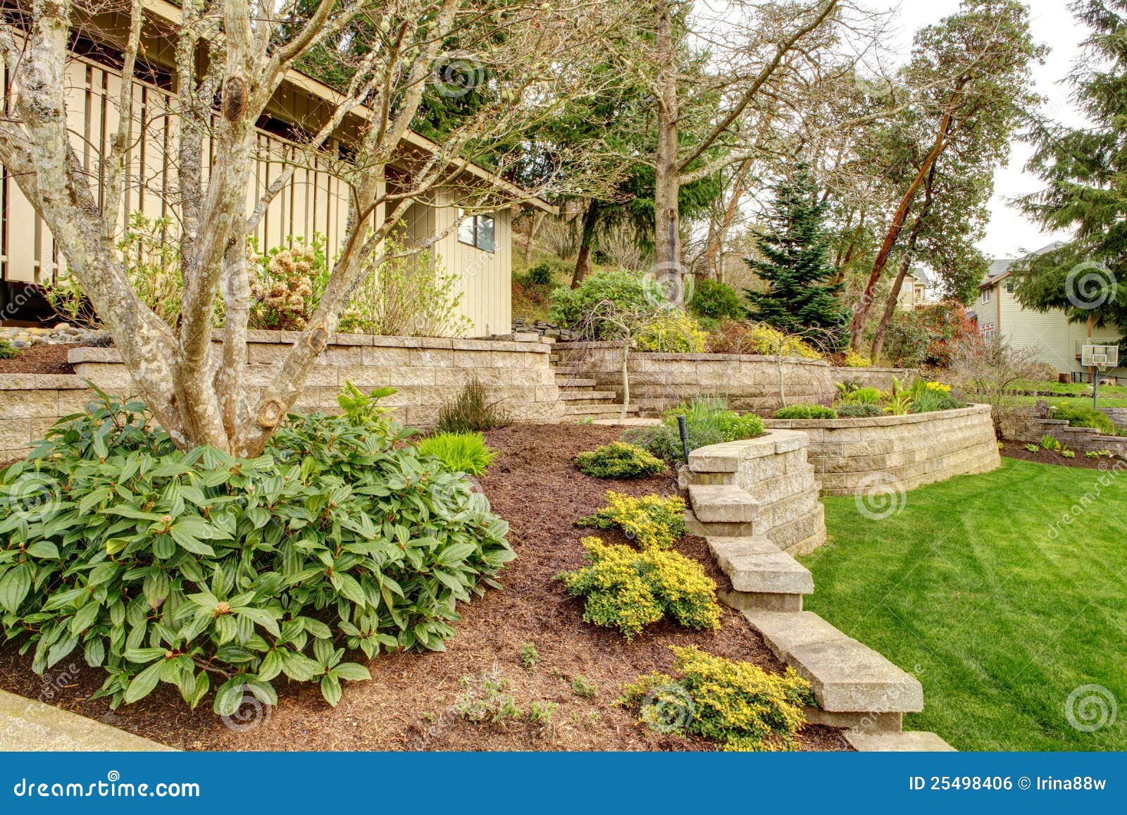 spring landscape with retaining walls and garage.