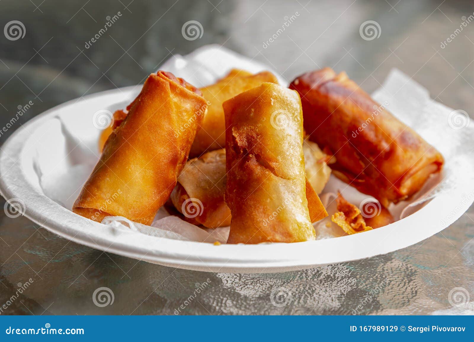 Spring Rolls Fried Fast Food Asia Street Snack. Delicious Vegetable