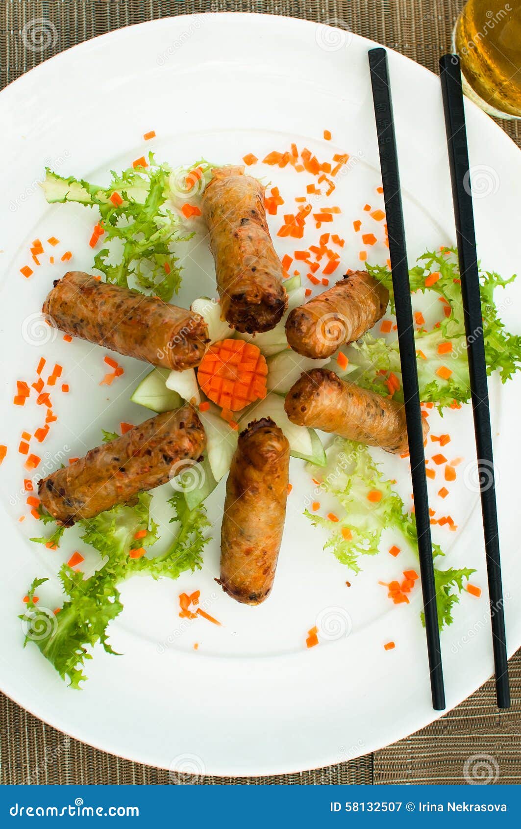 Spring Rolls for Lunch with Chopsticks Top View Stock Image Image of
