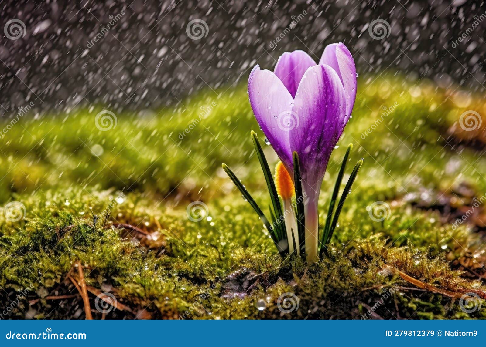 Spring S Delicate Whisper: Purple Crocus Blooming Amid Raindrops